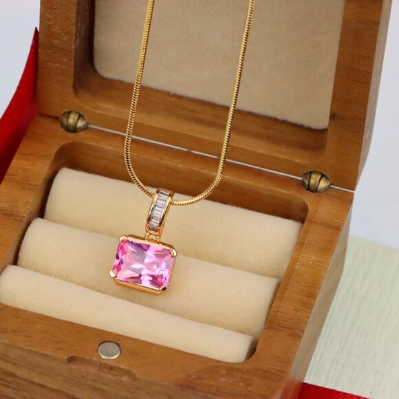 "Chic Pink Emerald Cut Pendant with Baguette Bail in Rose Gold Tone, XPPT1780 - Picture 7 of 13